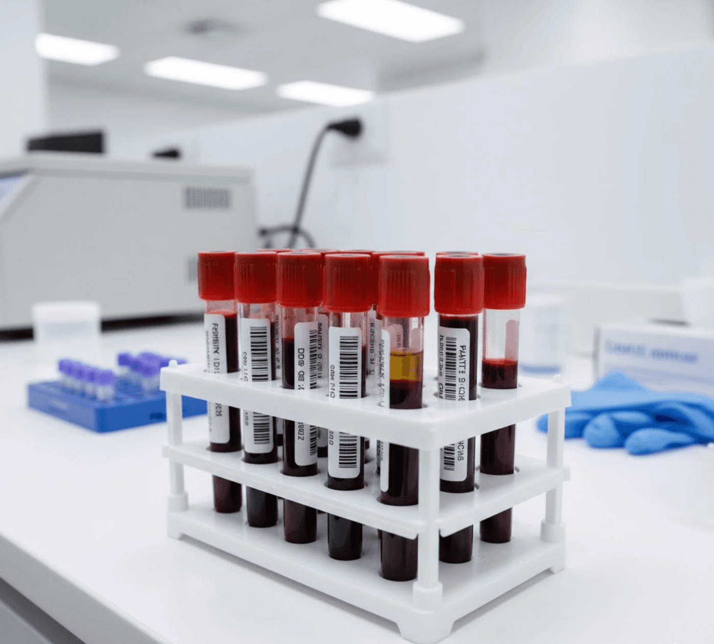 Blood test samples in laboratory